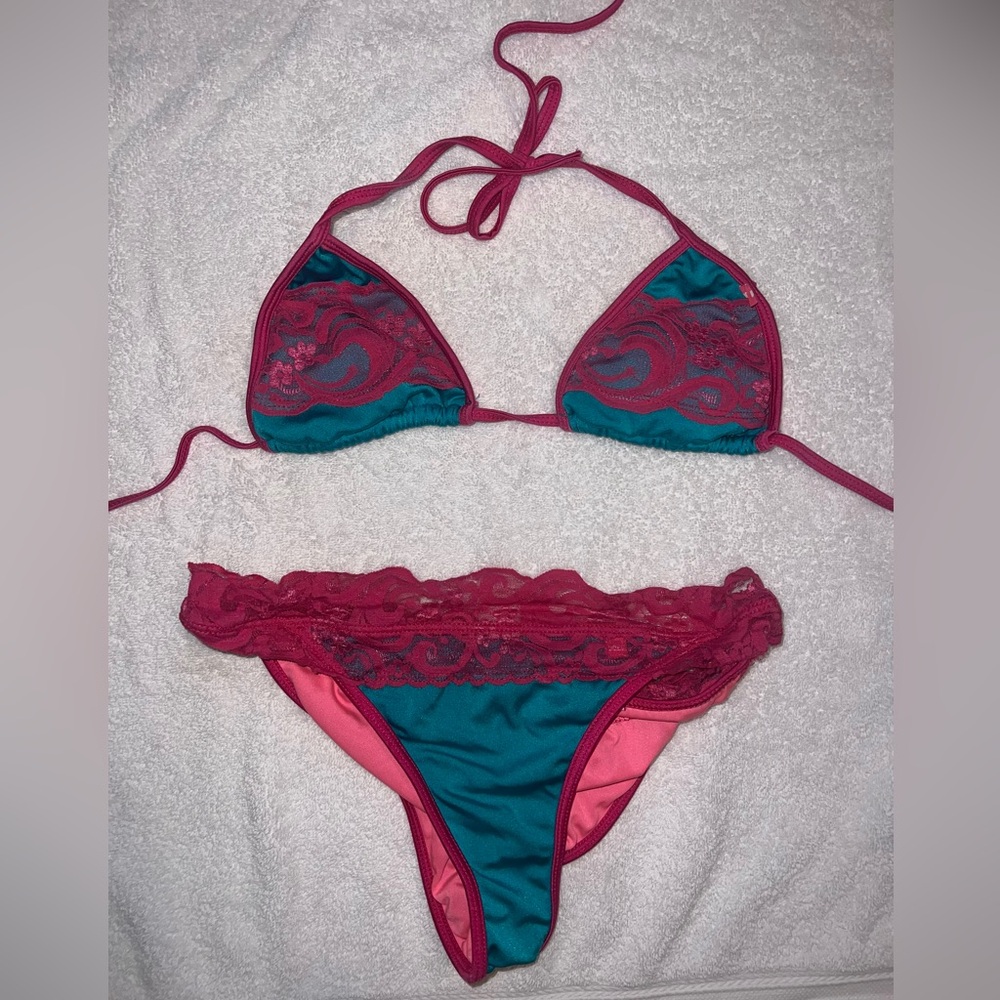 Lace Teal and Pink Bikini Set